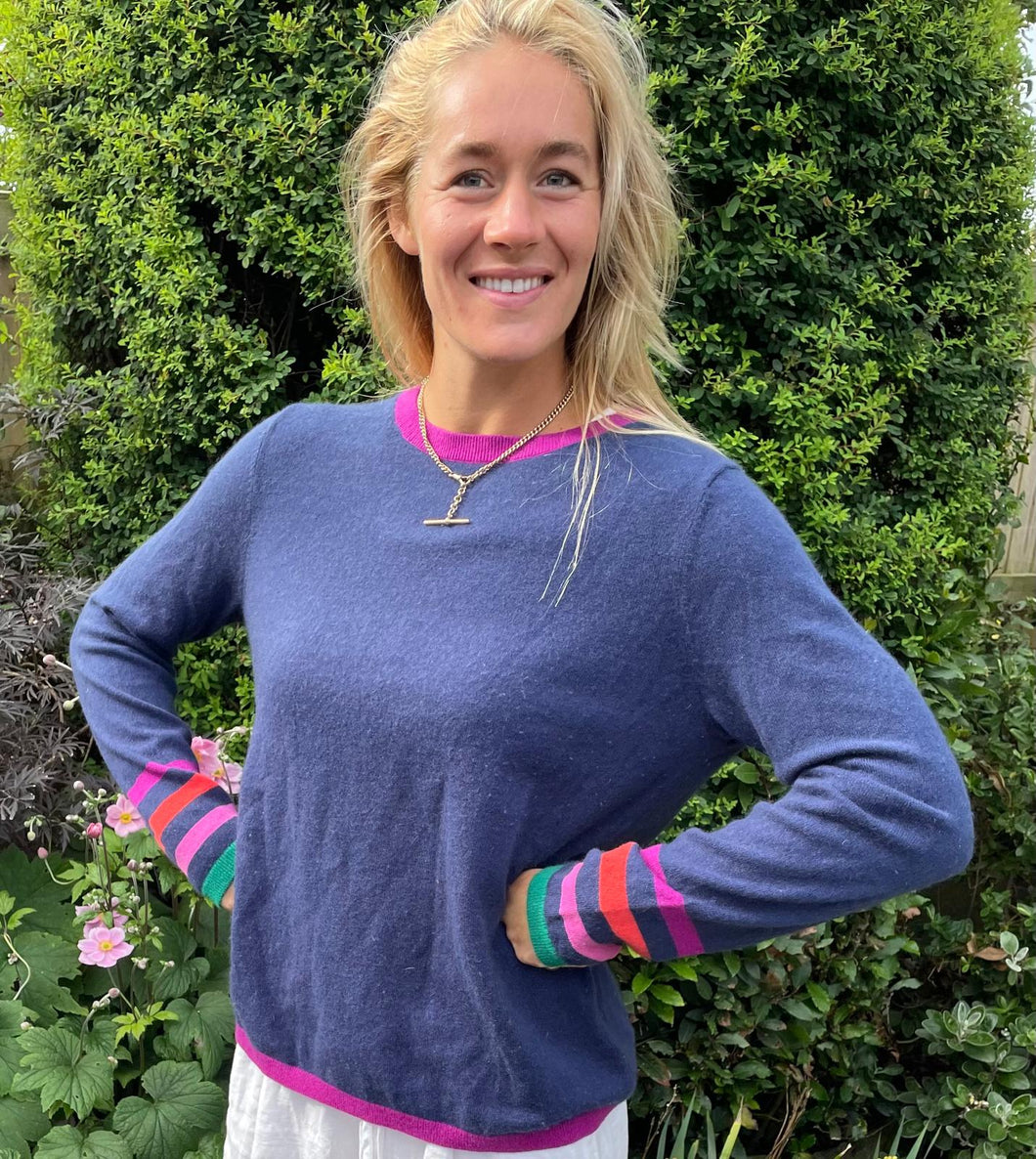 Lands End navy Crew, shocking pink round neck and base, additional green and orange bands around cuffs, 41”, L (very good condition)