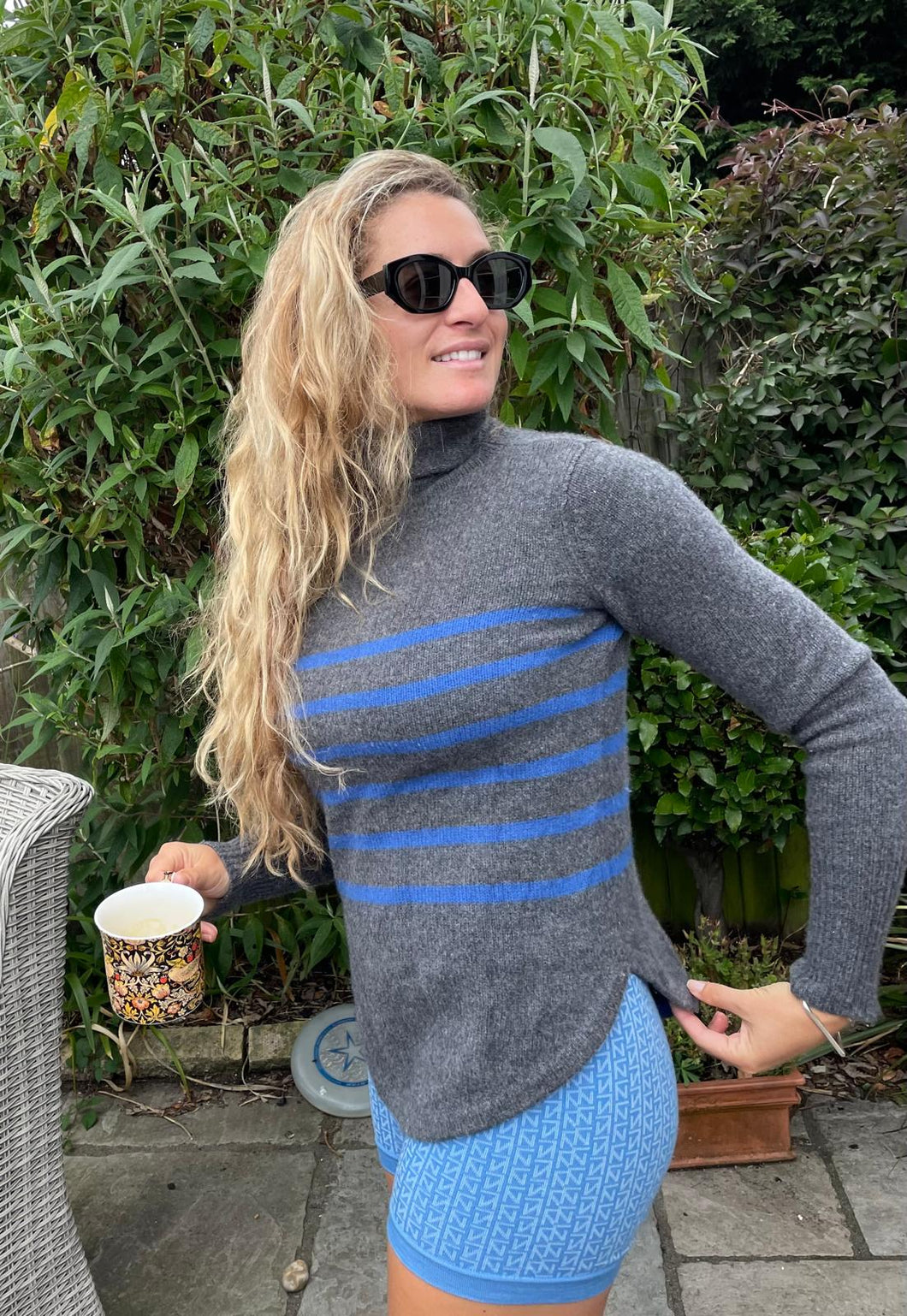 Charcoal Roll Neck with periwinkle blue stripes, scallop shaped base, 36”, S/M (Made in China label  - very good condition)