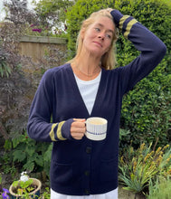 Load image into Gallery viewer, Jigsaw navy V neck Cardigan, sage green stripes to wrists, patch pockets and knitted contrast panel down back, 4 navy buttons, 41”, L (excellent condition)
