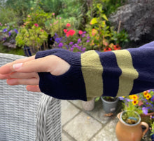 Load image into Gallery viewer, Jigsaw navy V neck Cardigan, sage green stripes to wrists, patch pockets and knitted contrast panel down back, 4 navy buttons, 41”, L (excellent condition)
