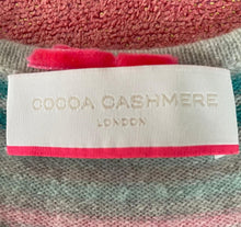 Load image into Gallery viewer, Designer Cocoa Cashmere V with dark and light turquoise and pink stripes delineating the V, also on ribbing of cuffs, side slits, 44”, L (excellent condition)
