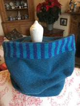 Load image into Gallery viewer, Reversible Snood  - Purple and turquoise band on rich aquamarine blue
