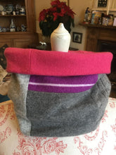 Load image into Gallery viewer, Reversible Snood  - Patchwork of greys and magenta stripes with raspberry interior
