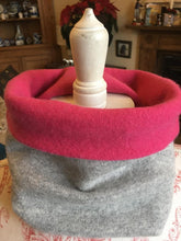 Load image into Gallery viewer, Reversible Snood  - Patchwork of greys and magenta stripes with raspberry interior

