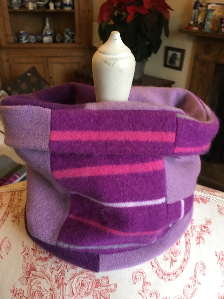 Reversible Snood  - Patchwork with magenta, pink and cream stripes, mauve and aubergine