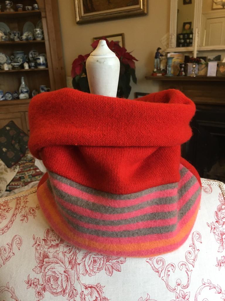 Reversible Snood  - Scarlet with Stripes in Grey